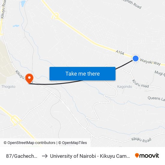87/Gachecheni to University of Nairobi - Kikuyu Campus map