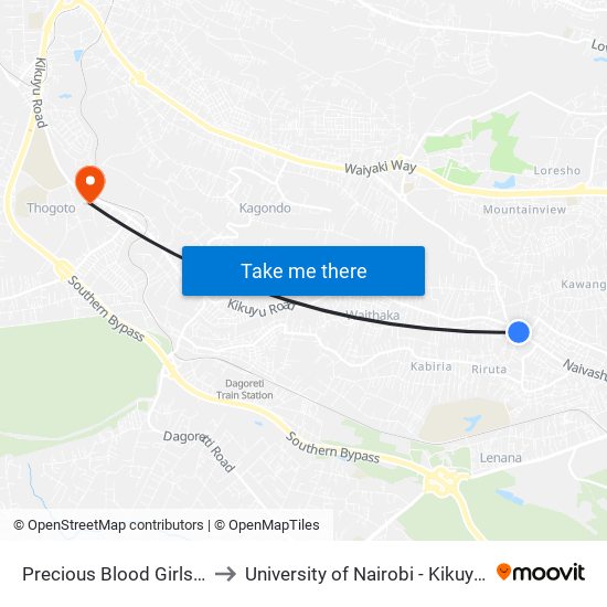 Precious Blood Girls' School to University of Nairobi - Kikuyu Campus map