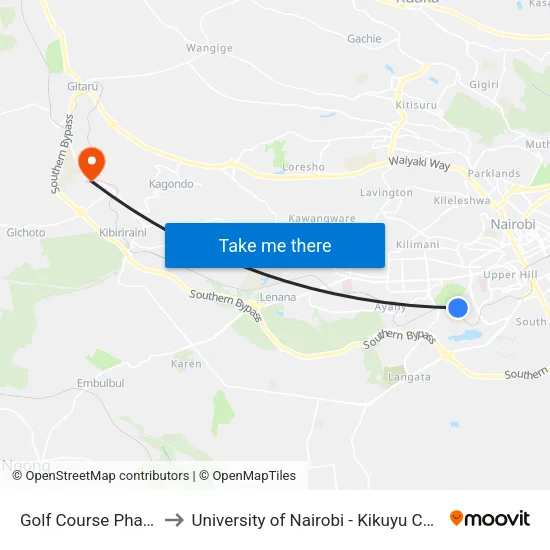 Golf Course Phase 2 to University of Nairobi - Kikuyu Campus map