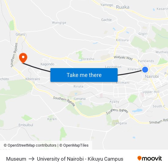 Museum to University of Nairobi - Kikuyu Campus map