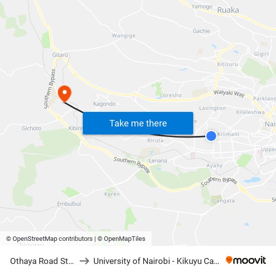 Othaya Road Stage to University of Nairobi - Kikuyu Campus map