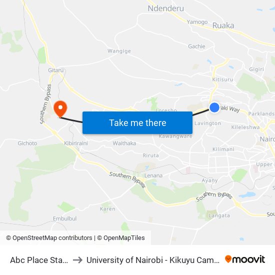 Abc Place Stage to University of Nairobi - Kikuyu Campus map