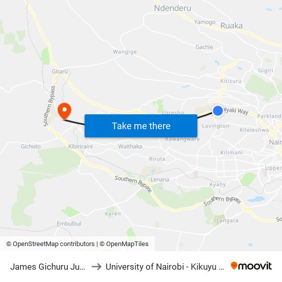 James Gichuru Junction to University of Nairobi - Kikuyu Campus map