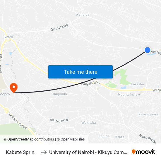 Kabete Springs to University of Nairobi - Kikuyu Campus map