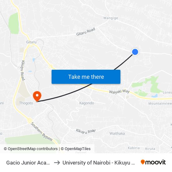 Gacio Junior Academy to University of Nairobi - Kikuyu Campus map