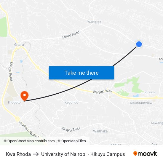 Kwa Rhoda to University of Nairobi - Kikuyu Campus map