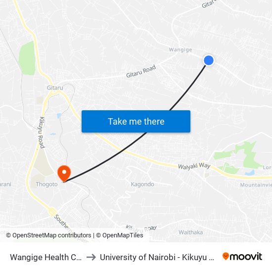 Wangige Health Centre to University of Nairobi - Kikuyu Campus map