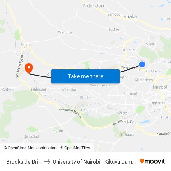 Brookside Drive to University of Nairobi - Kikuyu Campus map