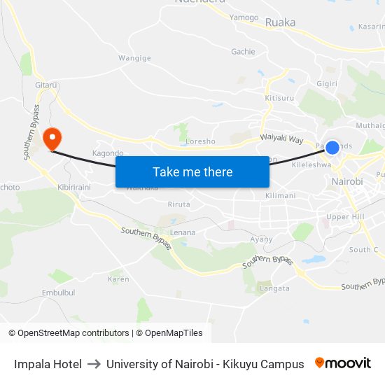 Impala Hotel to University of Nairobi - Kikuyu Campus map