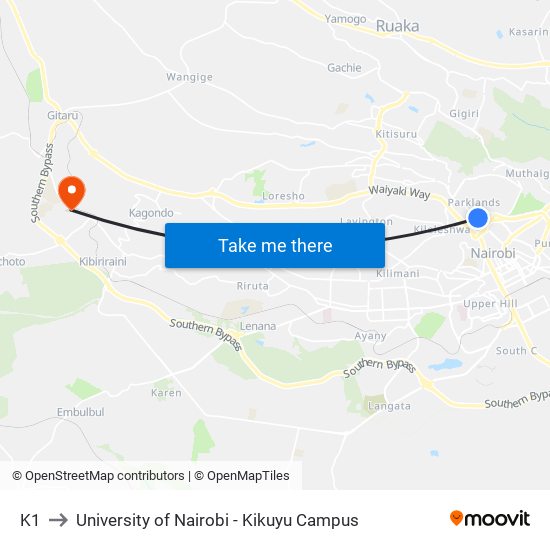 K1 to University of Nairobi - Kikuyu Campus map