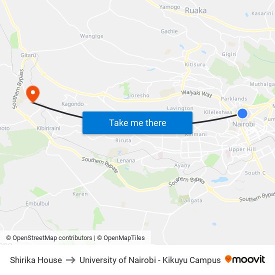 Shirika House to University of Nairobi - Kikuyu Campus map