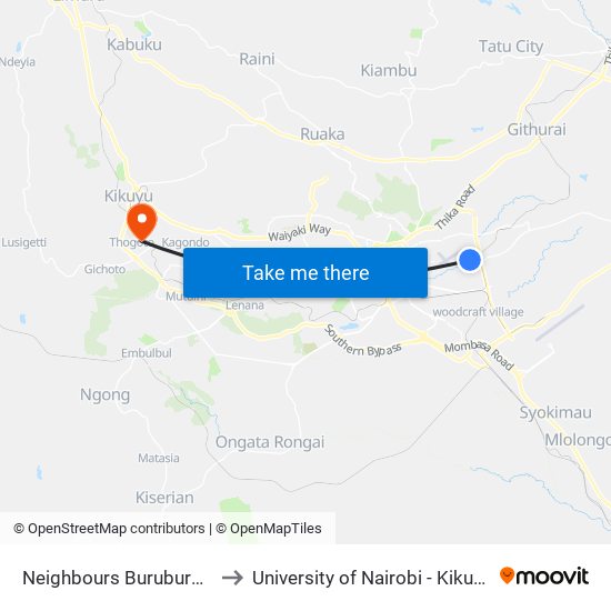 Neighbours Buruburu Phase 1 to University of Nairobi - Kikuyu Campus map