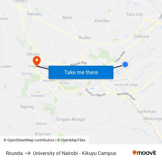 Rounda to University of Nairobi - Kikuyu Campus map