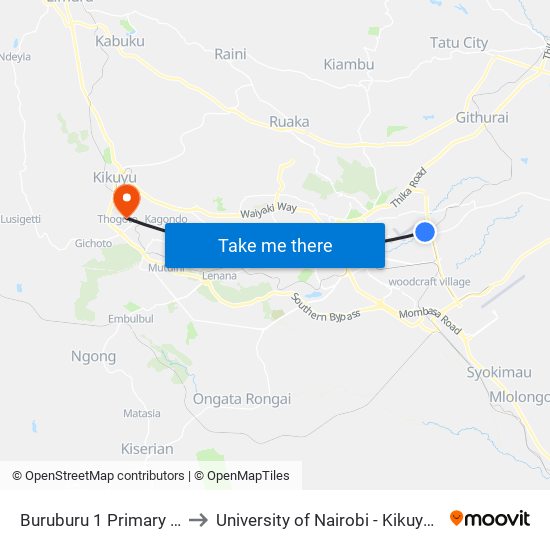 Buruburu 1 Primary School to University of Nairobi - Kikuyu Campus map