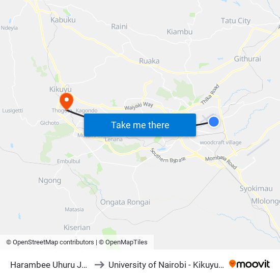 Harambee Uhuru Junction to University of Nairobi - Kikuyu Campus map