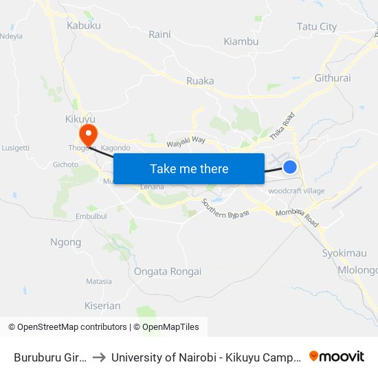 Buruburu Girls to University of Nairobi - Kikuyu Campus map