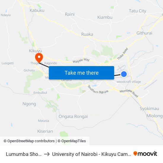 Lumumba Shops to University of Nairobi - Kikuyu Campus map