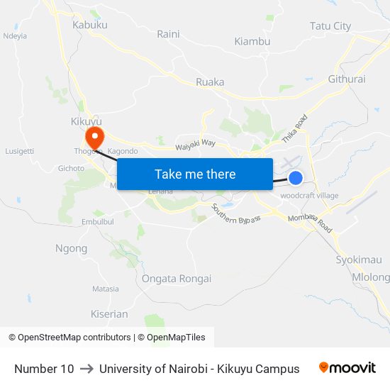 Number 10 to University of Nairobi - Kikuyu Campus map