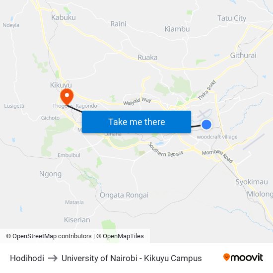 Hodihodi to University of Nairobi - Kikuyu Campus map