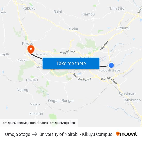 Umoja Stage to University of Nairobi - Kikuyu Campus map