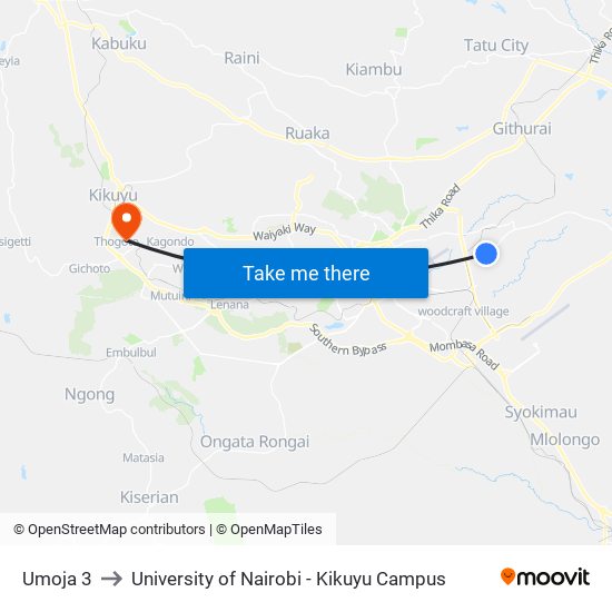 Umoja 3 to University of Nairobi - Kikuyu Campus map