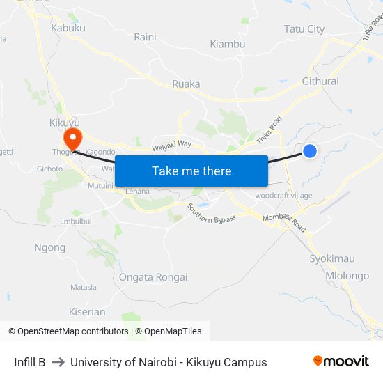 Infill B to University of Nairobi - Kikuyu Campus map