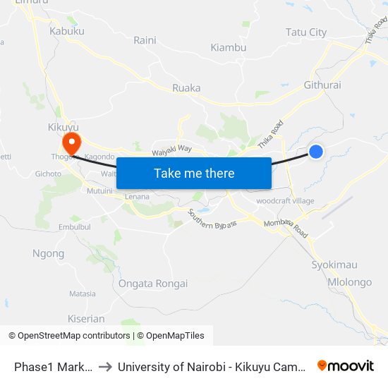 Phase1  Market to University of Nairobi - Kikuyu Campus map