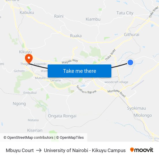 Mbuyu Court to University of Nairobi - Kikuyu Campus map