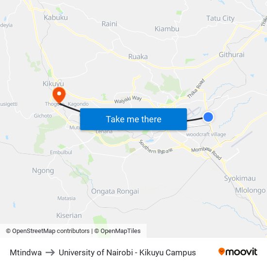 Mtindwa to University of Nairobi - Kikuyu Campus map