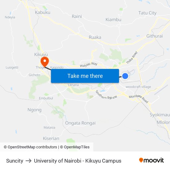 Suncity to University of Nairobi - Kikuyu Campus map