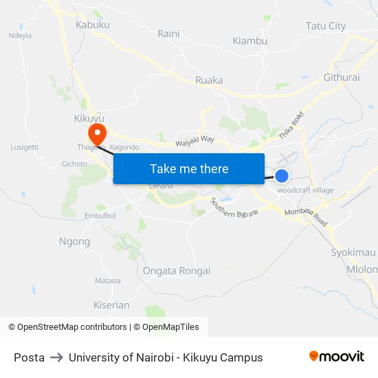 Posta to University of Nairobi - Kikuyu Campus map