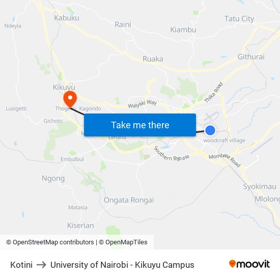 Kotini to University of Nairobi - Kikuyu Campus map