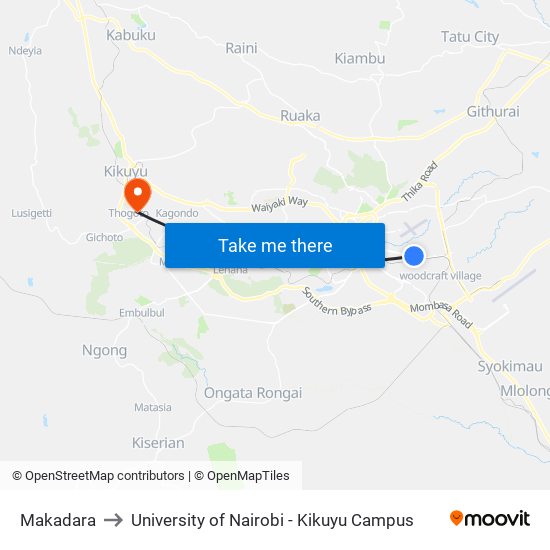 Makadara to University of Nairobi - Kikuyu Campus map