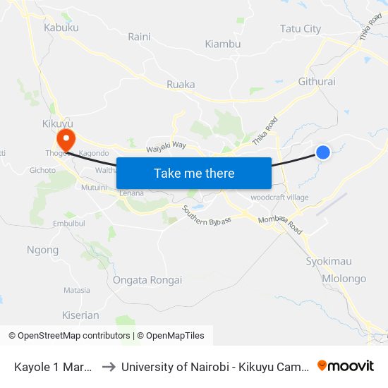 Kayole 1 Market to University of Nairobi - Kikuyu Campus map