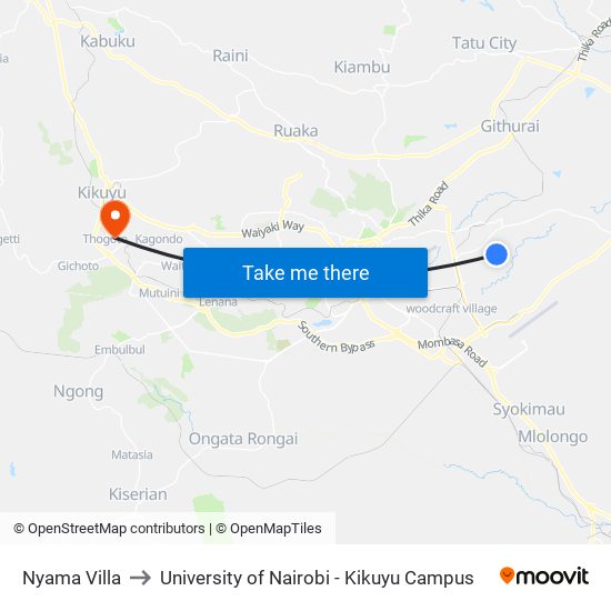 Nyama Villa to University of Nairobi - Kikuyu Campus map