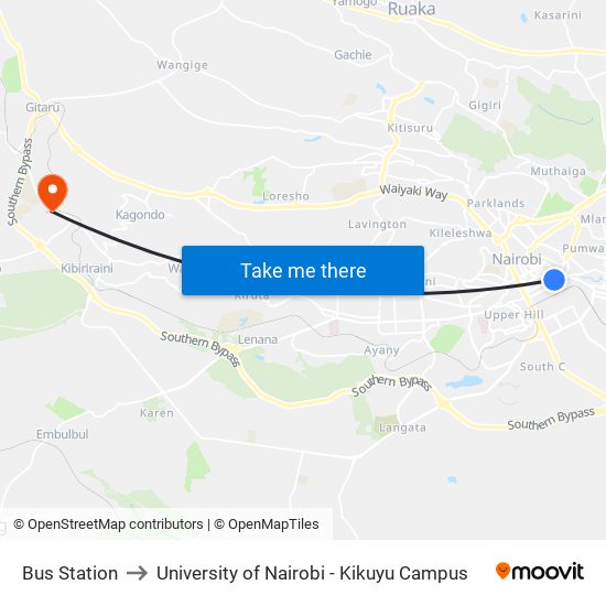 Bus Station to University of Nairobi - Kikuyu Campus map