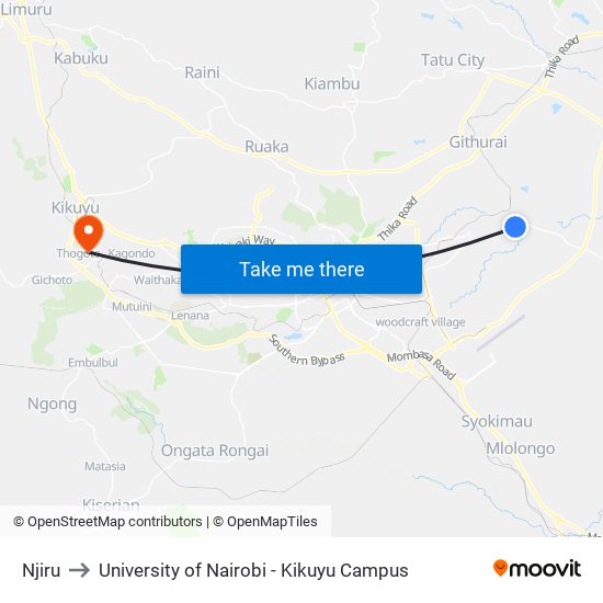 Njiru to University of Nairobi - Kikuyu Campus map