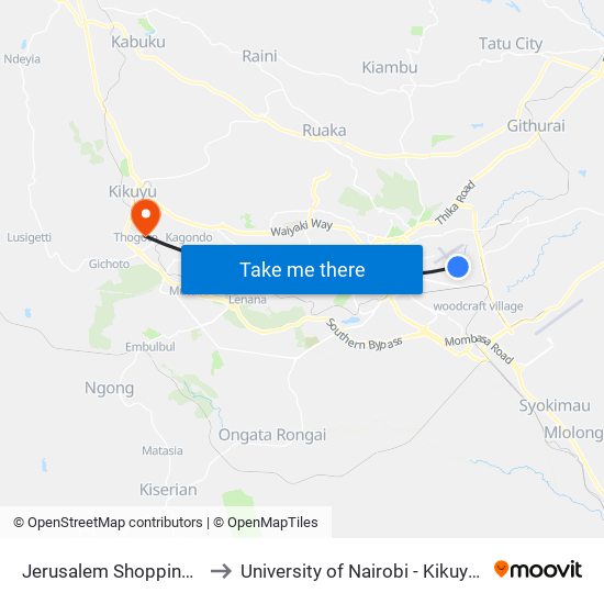 Jerusalem Shopping Centre to University of Nairobi - Kikuyu Campus map