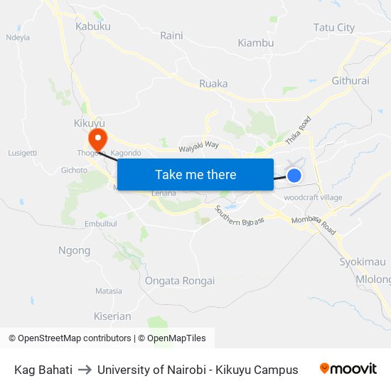 Kag Bahati to University of Nairobi - Kikuyu Campus map