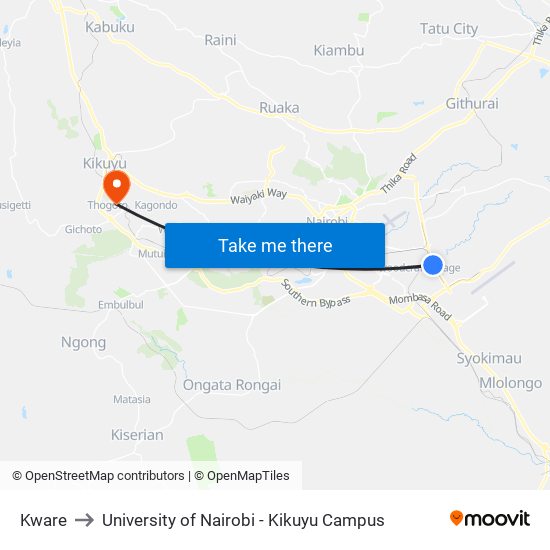 Kware to University of Nairobi - Kikuyu Campus map