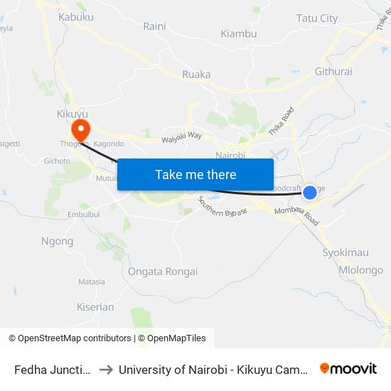 Fedha Junction to University of Nairobi - Kikuyu Campus map