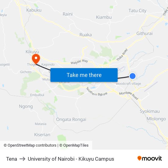 Tena to University of Nairobi - Kikuyu Campus map