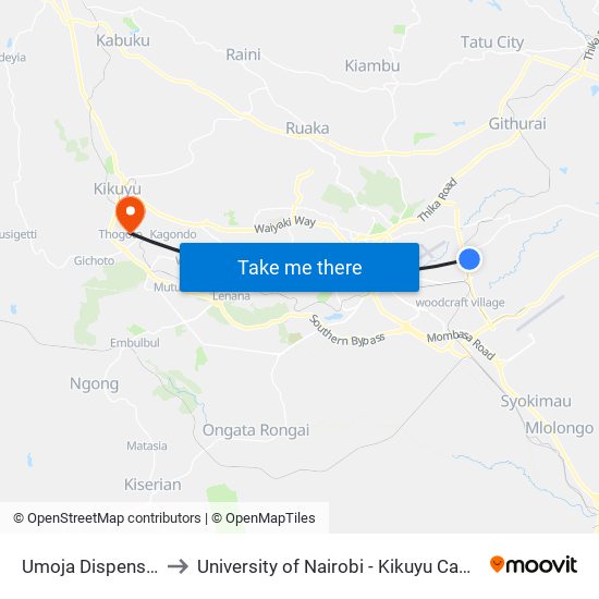 Umoja Dispensary to University of Nairobi - Kikuyu Campus map