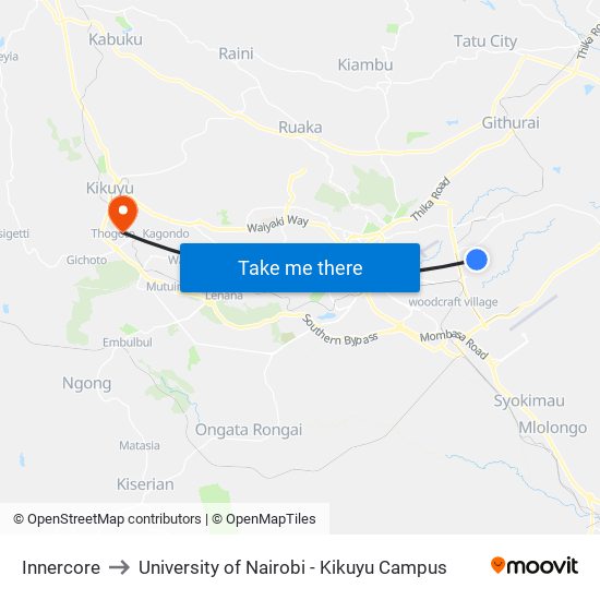Innercore to University of Nairobi - Kikuyu Campus map