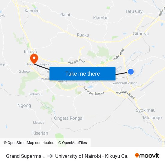 Grand Supermaket to University of Nairobi - Kikuyu Campus map