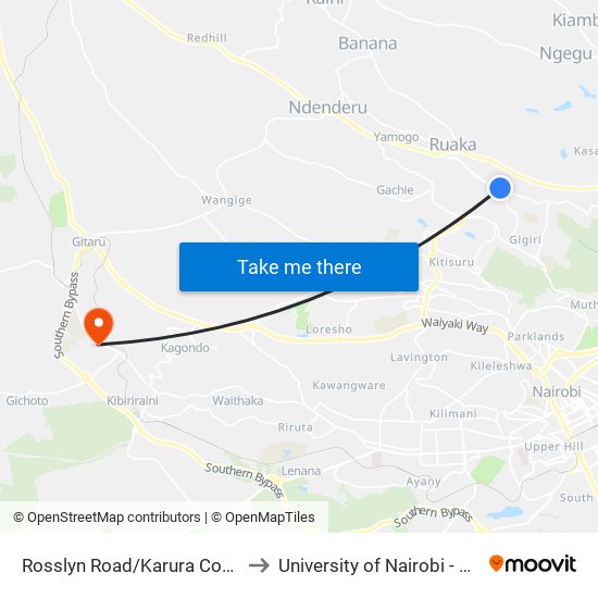 Rosslyn Road/Karura Community Chapel to University of Nairobi - Kikuyu Campus map