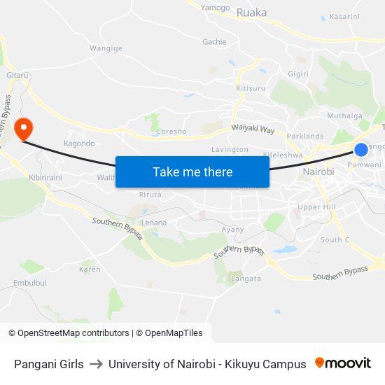 Pangani Girls to University of Nairobi - Kikuyu Campus map