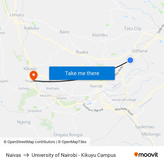 Naivas to University of Nairobi - Kikuyu Campus map