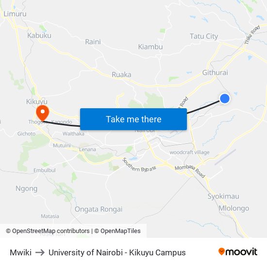 Mwiki to University of Nairobi - Kikuyu Campus map