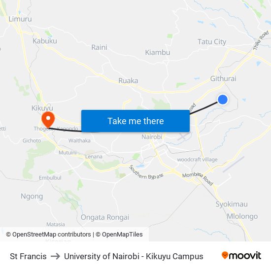 St Francis to University of Nairobi - Kikuyu Campus map